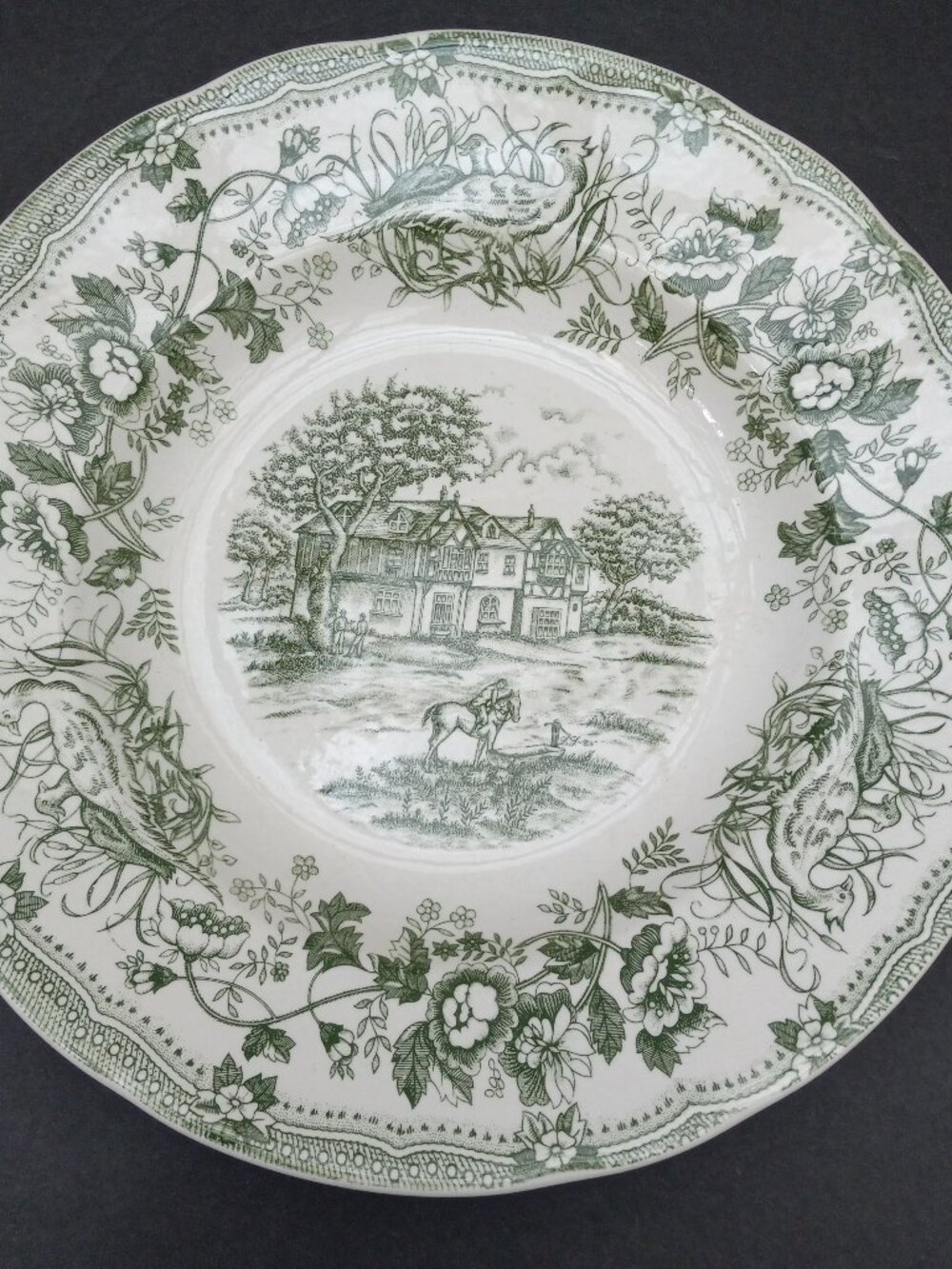 Vintage Nevco Made In Italy Green Transferware 9.5" Rimmed Soup Bowl Pastoral